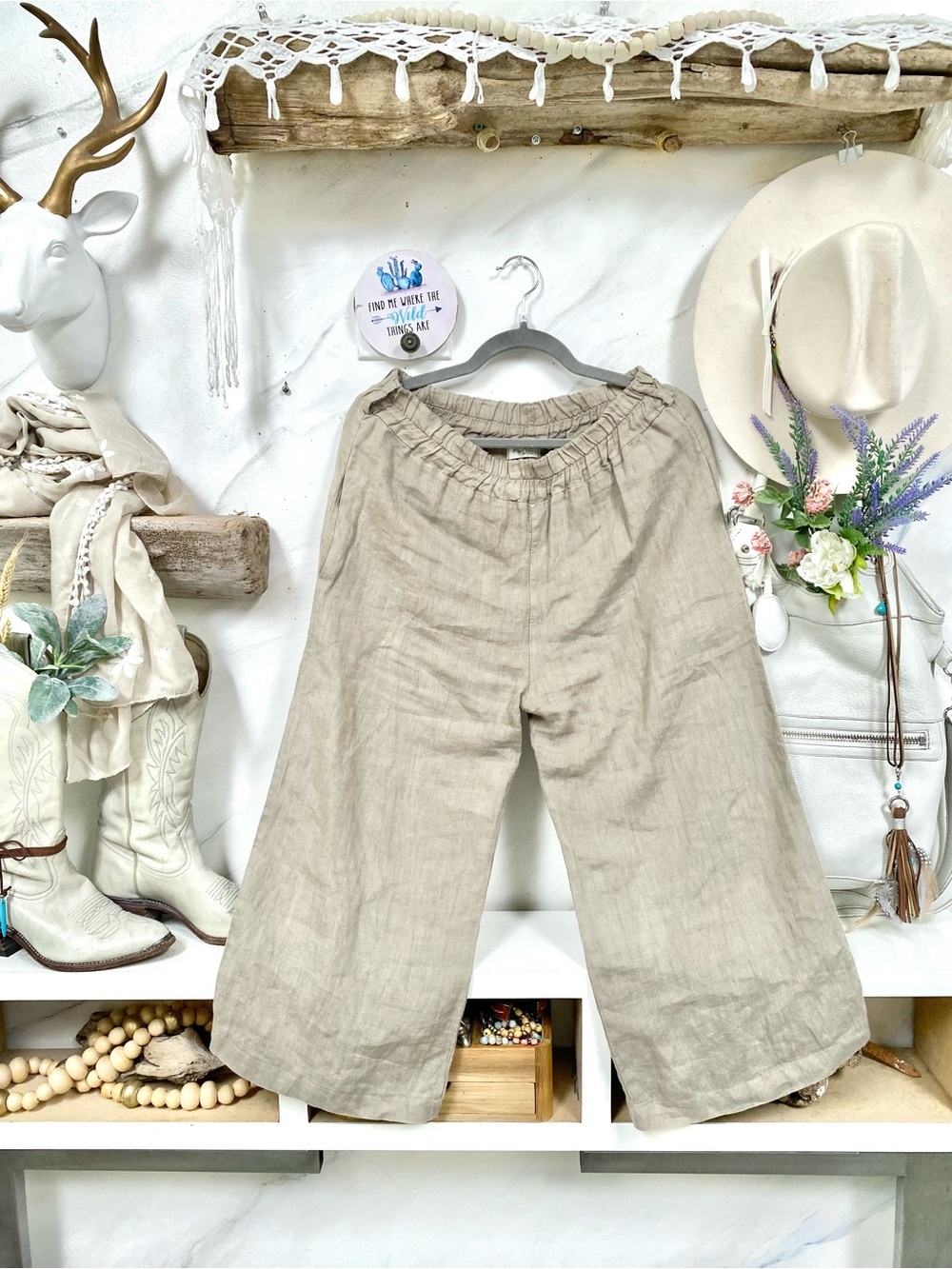 Linen wide leg cropped boho lounge pants w resort vacay shabby chic beach vibe
